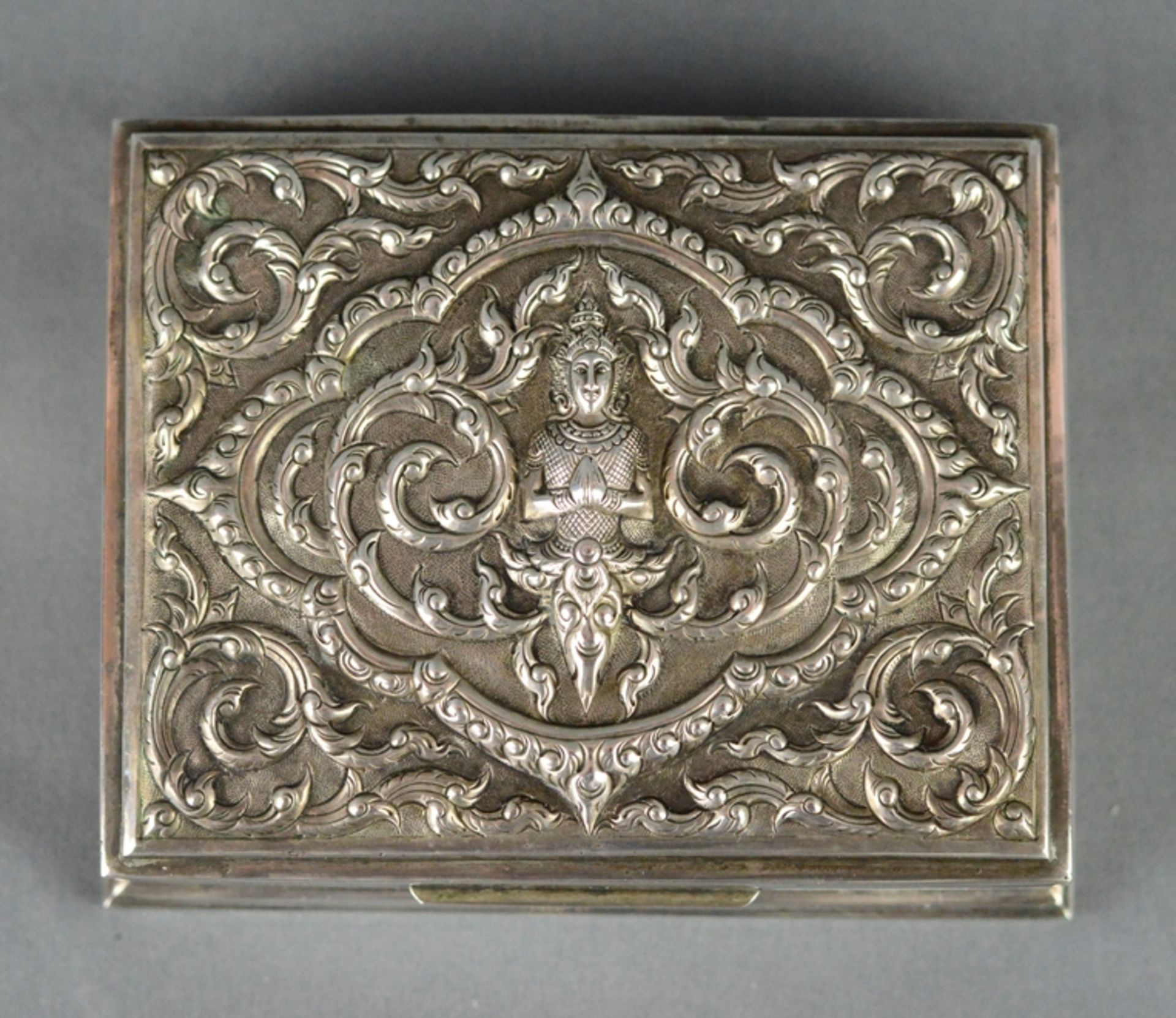 Lidded box with vegetal decoration, centered Buddha figure, interior lined with wood, sterling silv - Image 2 of 5