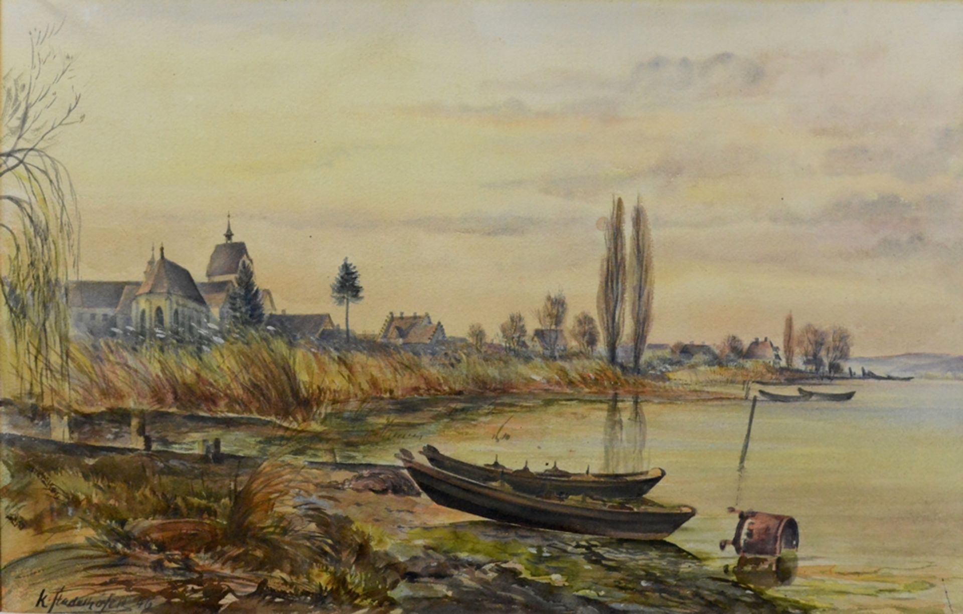 Stadelhofer, Karl (1897 - 1960 Wollmatingen-Konstanz), "Reichenau", with a view of the shore and th
