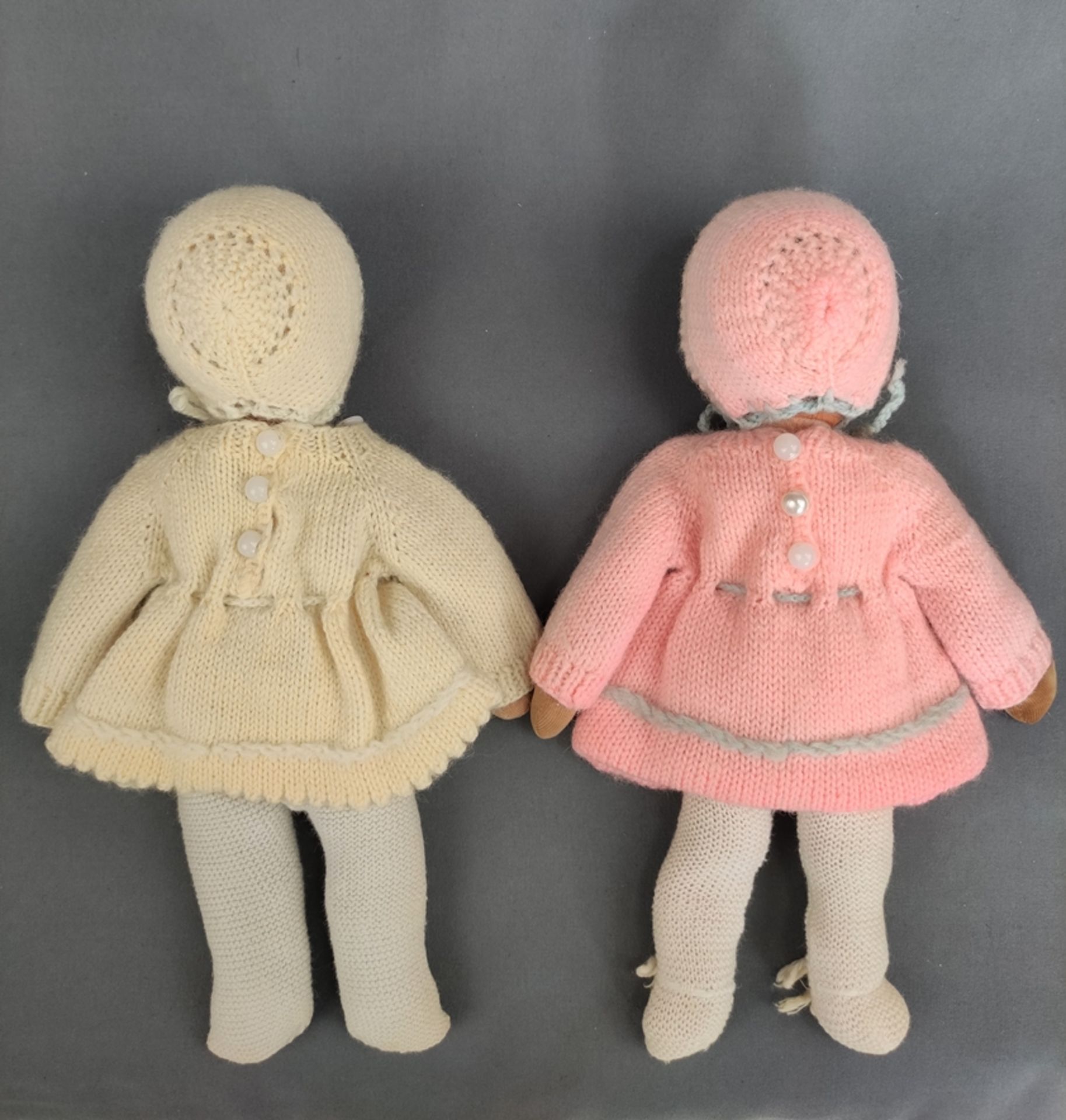 Two small dolls, cloth body with wire, filled, plastic heads finely painted, one real hair wig in b - Image 2 of 2