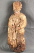 Heiligen-Figur, wohl Petrus, Weichholz, ehemals farbig gefasst, rückseitig abgeflacht, älter, Holzw