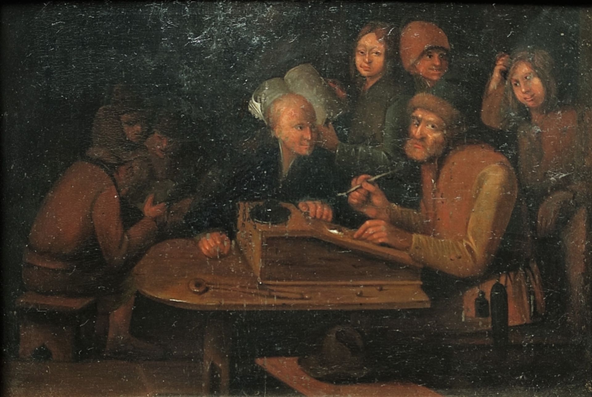 Genremaler des 18. Jahrhunderts, "Schreibstube", Gelehrte sitzen um das Schreibpult herum, im Hinte