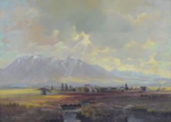 Stadelhofer, Helmut (1914 Konstanz - 1979 München) "Bergblick", mit aufbrechenden Wolken, Öl auf Pl