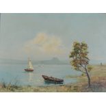 Bodenseekünstler (20. Jahrhundert), "Reichenau", Blick auf den Untersee mit Boot, im Hintergrund de
