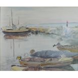 Einhart, Karl (1884-1967 Konstanz), "Mole in Staad", mit Segelbooten, Aquarell/Mischtechnik auf Pap