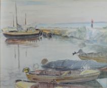 Einhart, Karl (1884-1967 Konstanz), "Mole in Staad", mit Segelbooten, Aquarell/Mischtechnik auf Pap