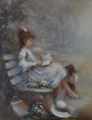 Groeneveld, Gerry (20. Jahrhundert), "Mädchen und Hund", Mädchen auf Parkbank sitzend, zu ihren Füß