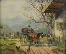 Rohrhirsch, Karl (1875 München - 1954 Greding) "Begegnung", Mann mit Einspänner vor einem Haus, dav