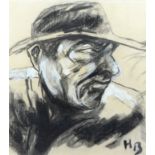 Breinlinger, Hans (1888 - 1963 Konstanz), "Mann mit Hut", Porträt im Profil, Kreidezeichnung auf Pa