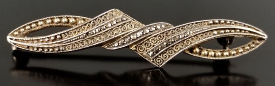 Fahrner brooch, silver 925, set with small marcasites (one stone missing), 4,7g, 53x8,5mm