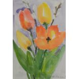 Loh-Pederson, Jutta (1938) "Osterstrauß", aus farbenfrohen Tulpen und Weidenkätzchen, Aquarell auf