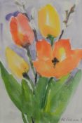 Loh-Pederson, Jutta (1938) "Osterstrauß", aus farbenfrohen Tulpen und Weidenkätzchen, Aquarell auf 