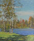 Owtschinnikow, N. (20. Jahrhundert), "September", Birkenwald am See, Öl auf Malkarton, links unten 