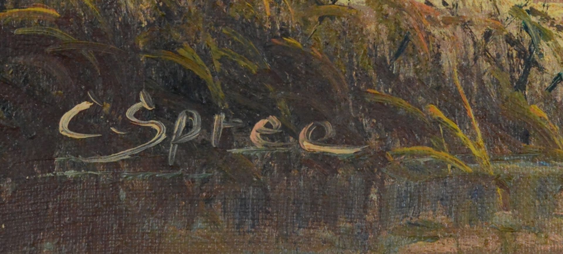 Spree, Carol (1907-?), "Anglerboot am Seeufer" mit kleiner Hütte vor Bergpanorama, Öl auf Leinwand, - Bild 3 aus 4