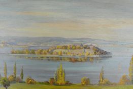 Stadelhofer, Helmut (1914 Konstanz - 1979 München), "Blick auf die Mainau", in herbstlicher Abendst