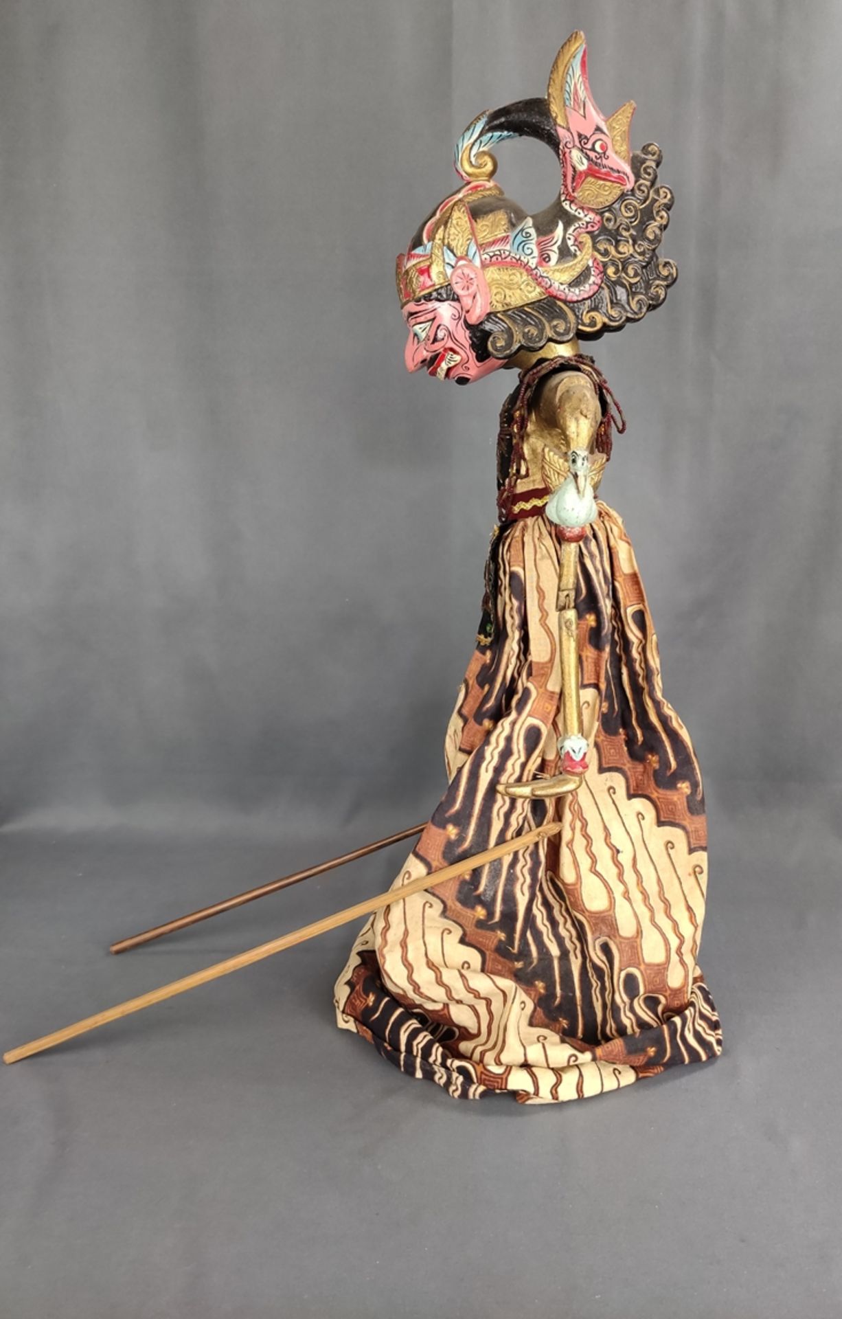 Wayang-Golek doll, Indonesian stick doll, head, torso and arms carved, clothes elaborately embroide - Image 2 of 3
