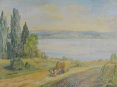 Bodenseekünstler des 20. Jahrhundert, "Blick auf den See" mit Heuernte, Öl auf Platte, 56,5x78,5cm,
