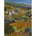 Debiéve, TR (20. Jahrhundert), "Bauernhof im Olivenhain", hochsommerliche Felder mit Bauern, Gouach