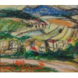Künstler des 20. Jahrhundert, "Landschaftsausblick", mit Häusern, Gewässer und Bergen im Hintergrun