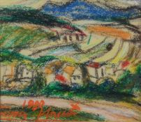 Künstler des 20. Jahrhundert, "Landschaftsausblick", mit Häusern, Gewässer und Bergen im Hintergrun