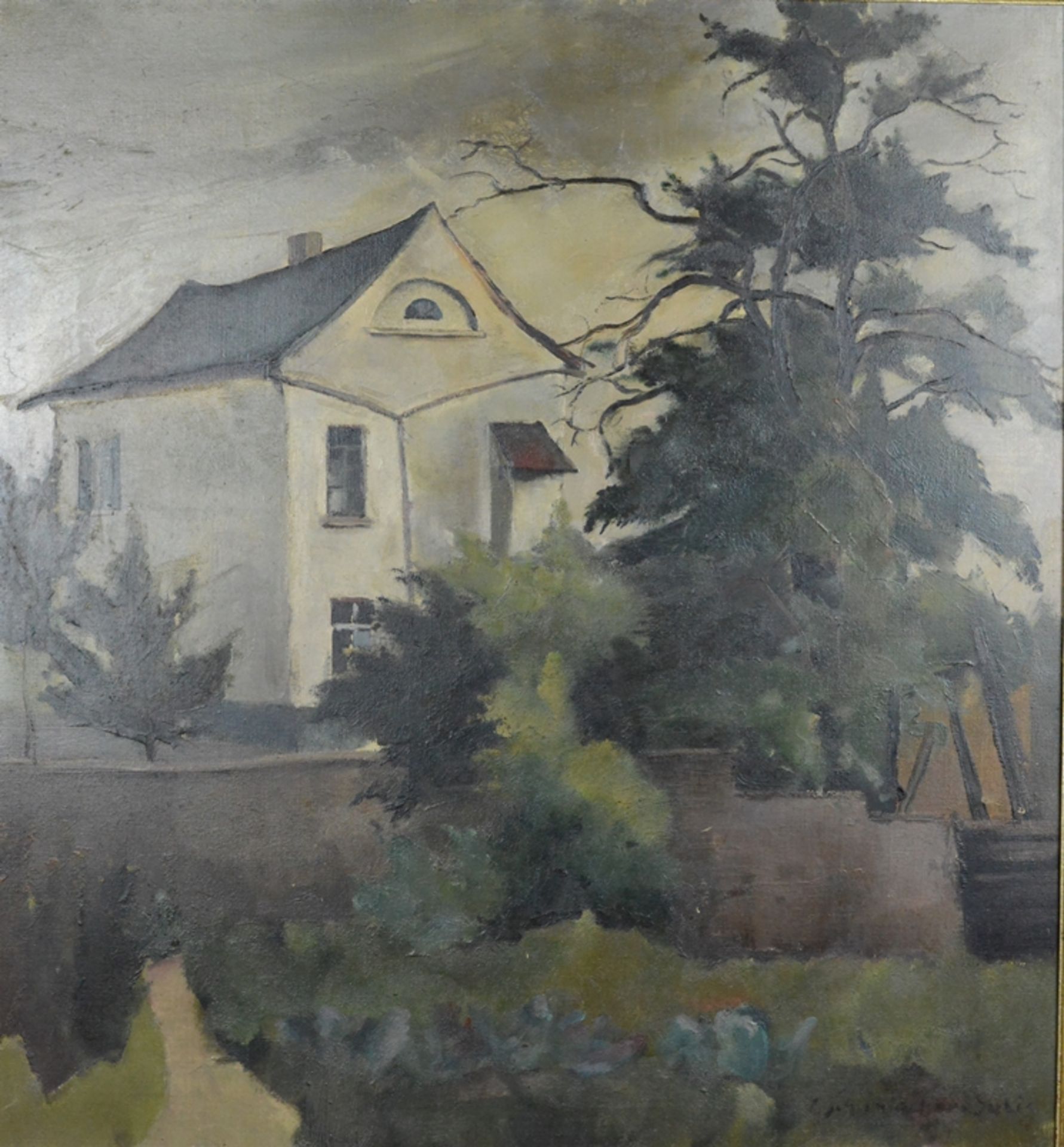 Schumacher-Salig, Ernst (1905 Mönchengladbach - 1963 Berlin) "Haus mit Vorgarten", Gartenmauer und 