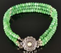 Emerald bracelet, 3-row, made of natural faceted emerald rondelles divided by silver bars, together