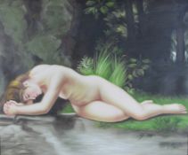 Künstler des 20. Jahrhundert, "Liegender weiblicher Akt", sich im Wasser anblickend, Acryl auf Lein