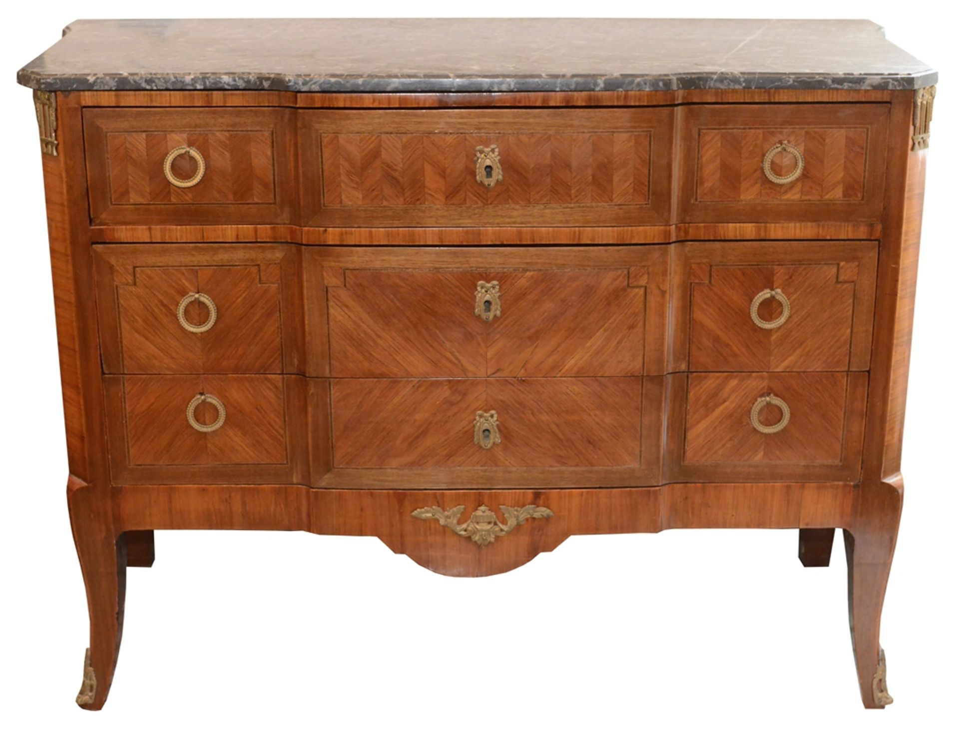 Chest of drawers, classicist style, with three graduated drawers, front and sides crafted with line