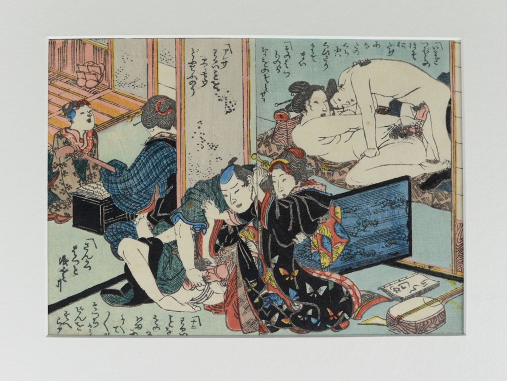 Erotic scenes, "Shunga", colour woodcut on two papers, Japan, 19th century, dimensions of both