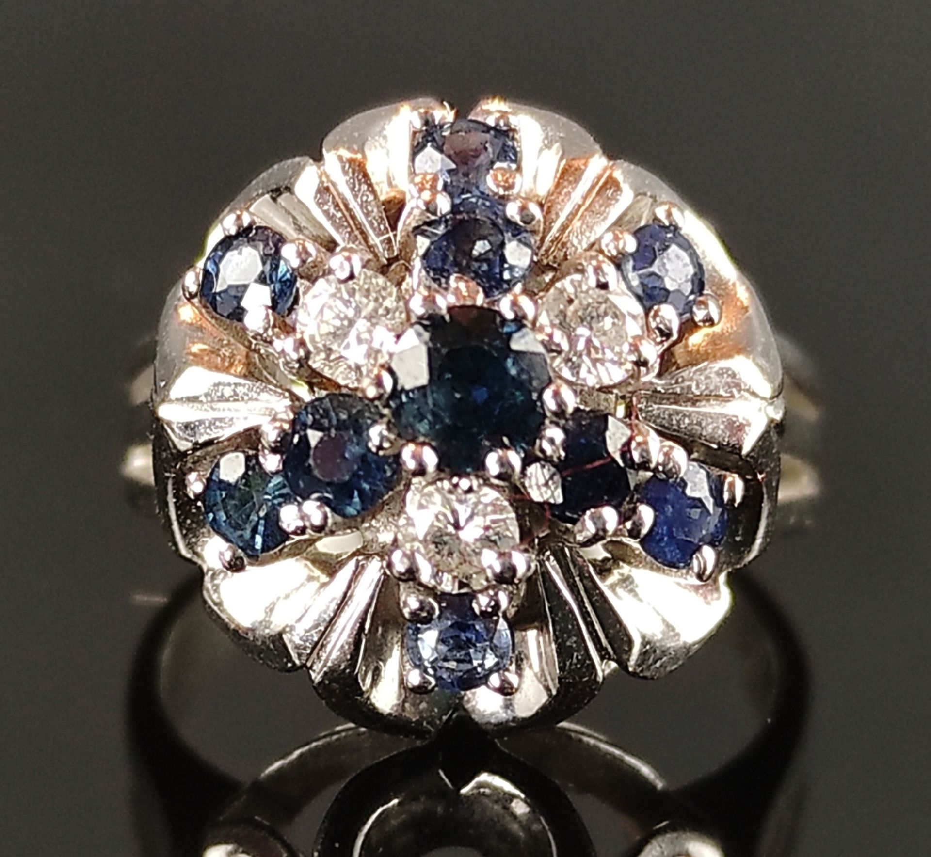 Diamond-sapphire-ring, with 10 sapphires and 3 diamonds, 585/14K white gold, 6.3g, size 48.5 - Image 3 of 6