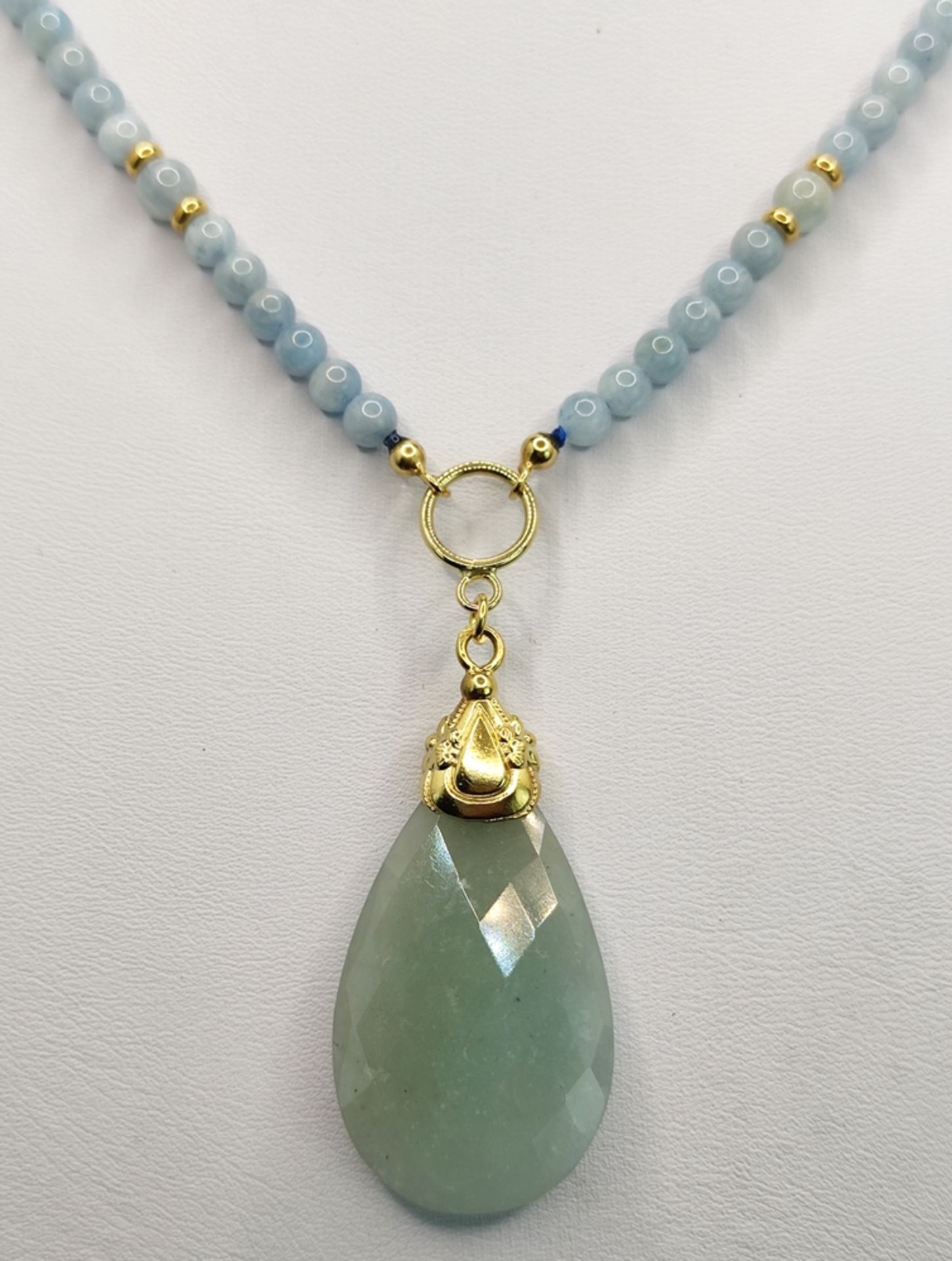 Aquamarine necklace with aquamarine drop pendant, round polished checked aquamarine spheres