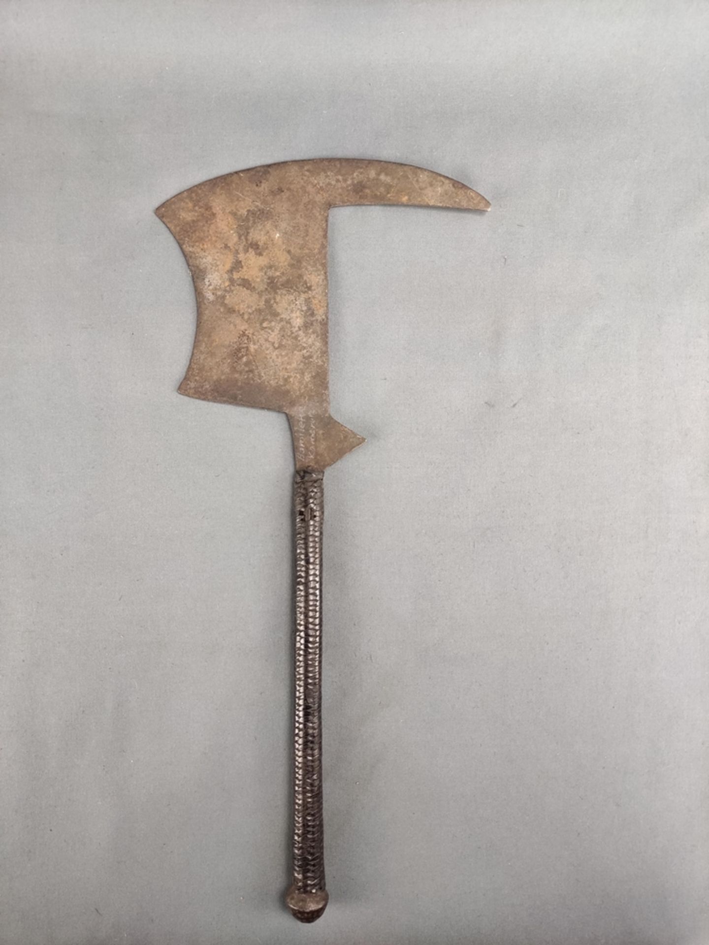 Kirdi axe, so-called dancing axe, iron blade with extension resembles a cock, leather-wrapped