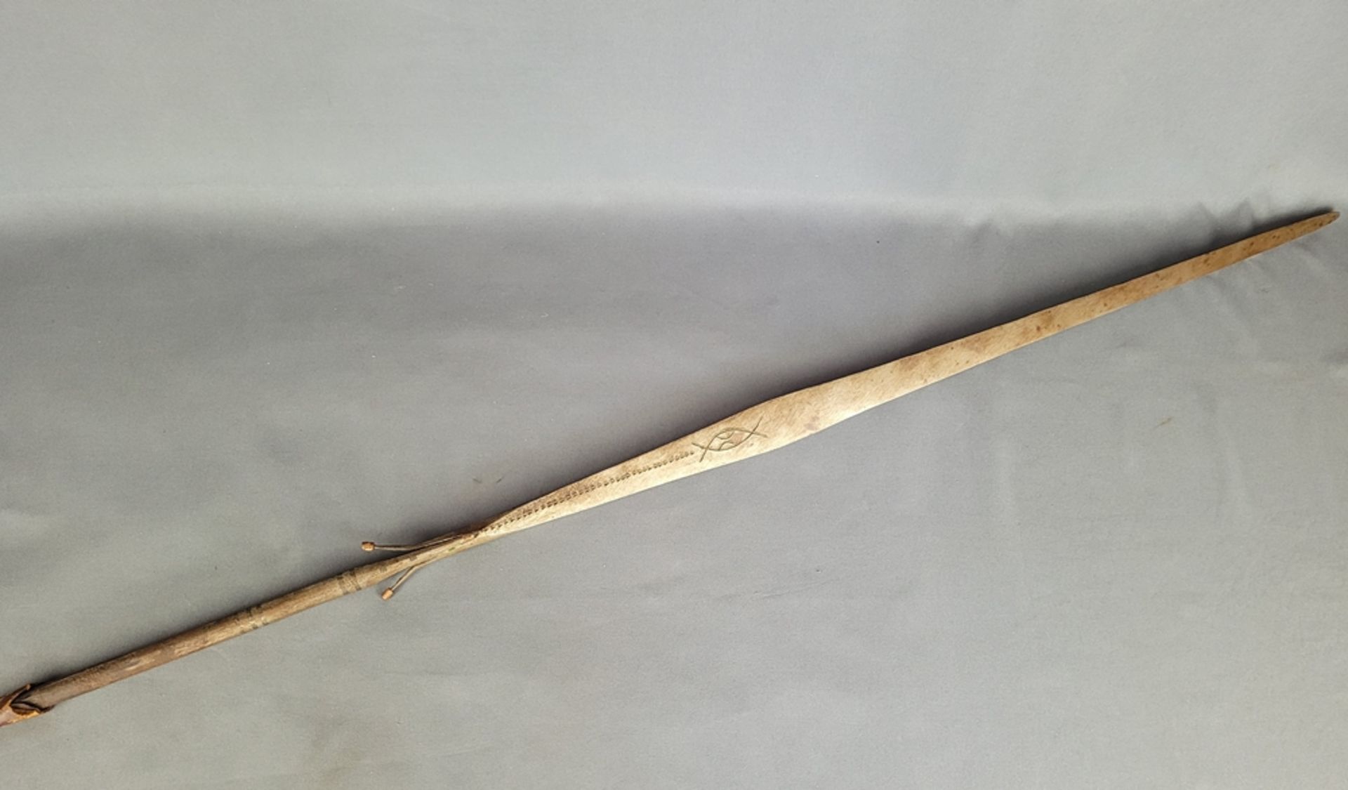 Hunting spear, finely worked spear, graphic decoration, with leather wrapping, back part worked