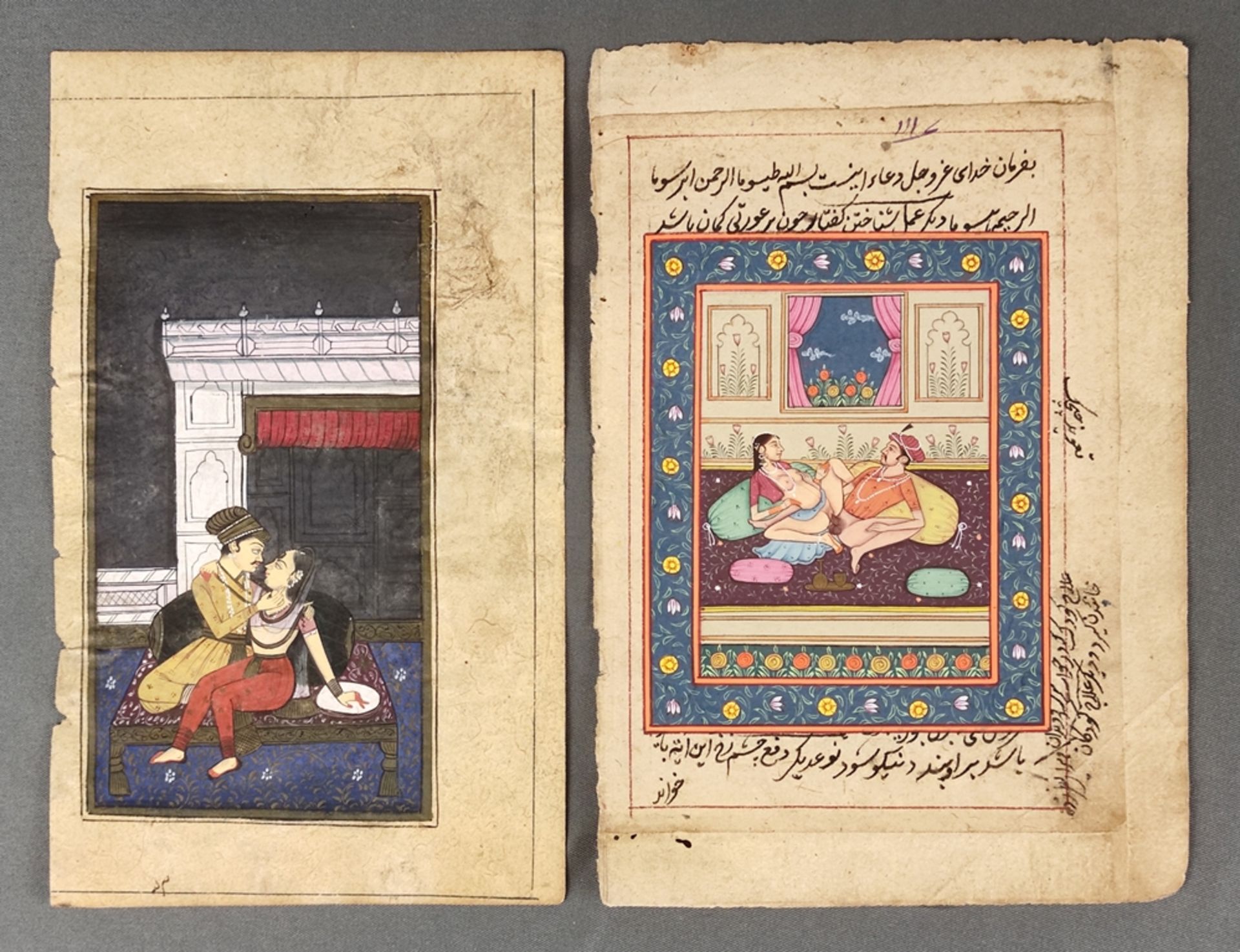 Two miniature paintings with erotic scenes, one book page written on both sides, gouache on paper,