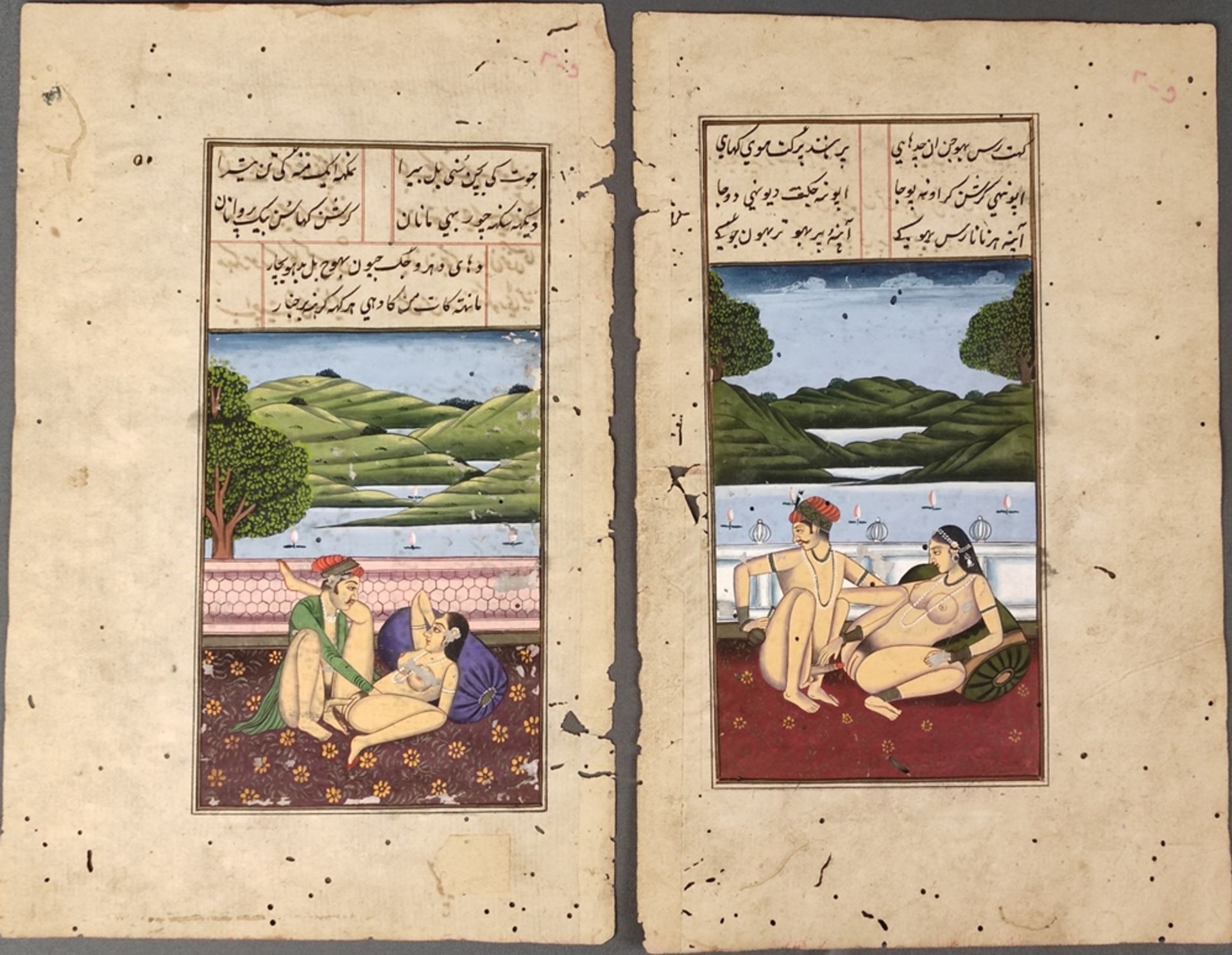 Three miniature paintings with erotic scenes, book pages, written on both sides, gouache on paper,