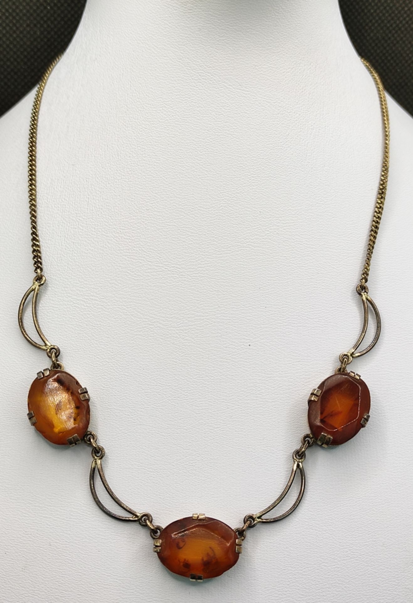 Amber necklace, with three oval amber stones, silver 925, goldsmith's signet "RR over a triangle", - Image 2 of 4