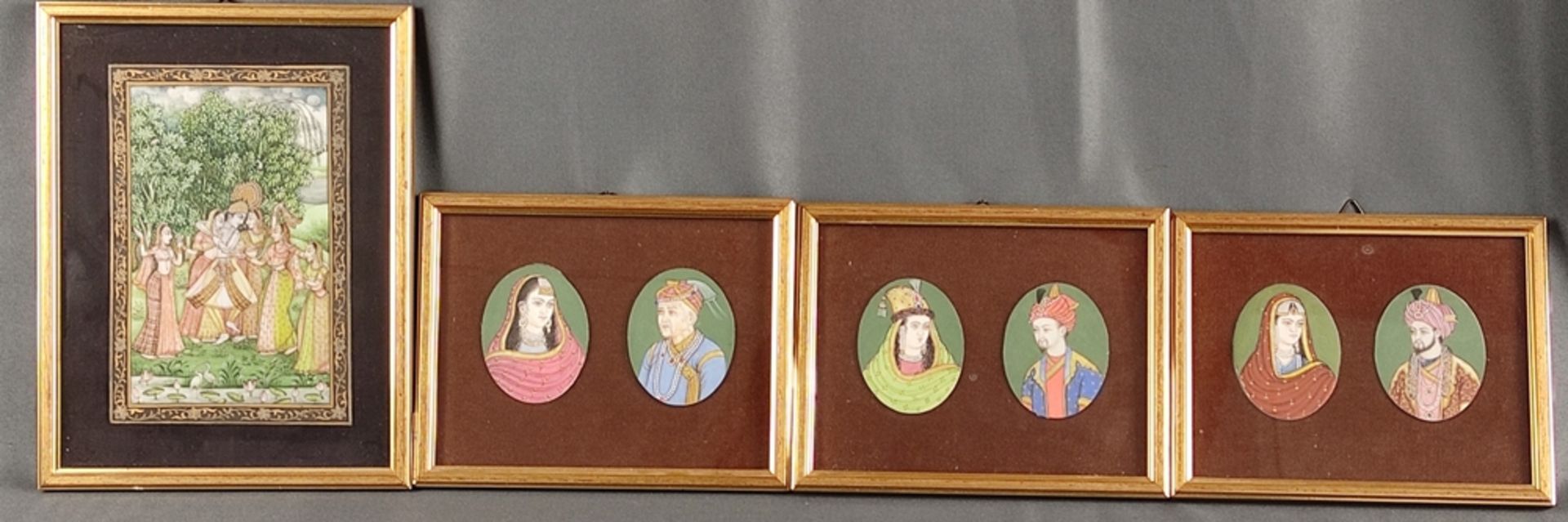 Four Persian-Indian miniatures, three depictions as spouse portraits, grand moguls, inscribed on the
