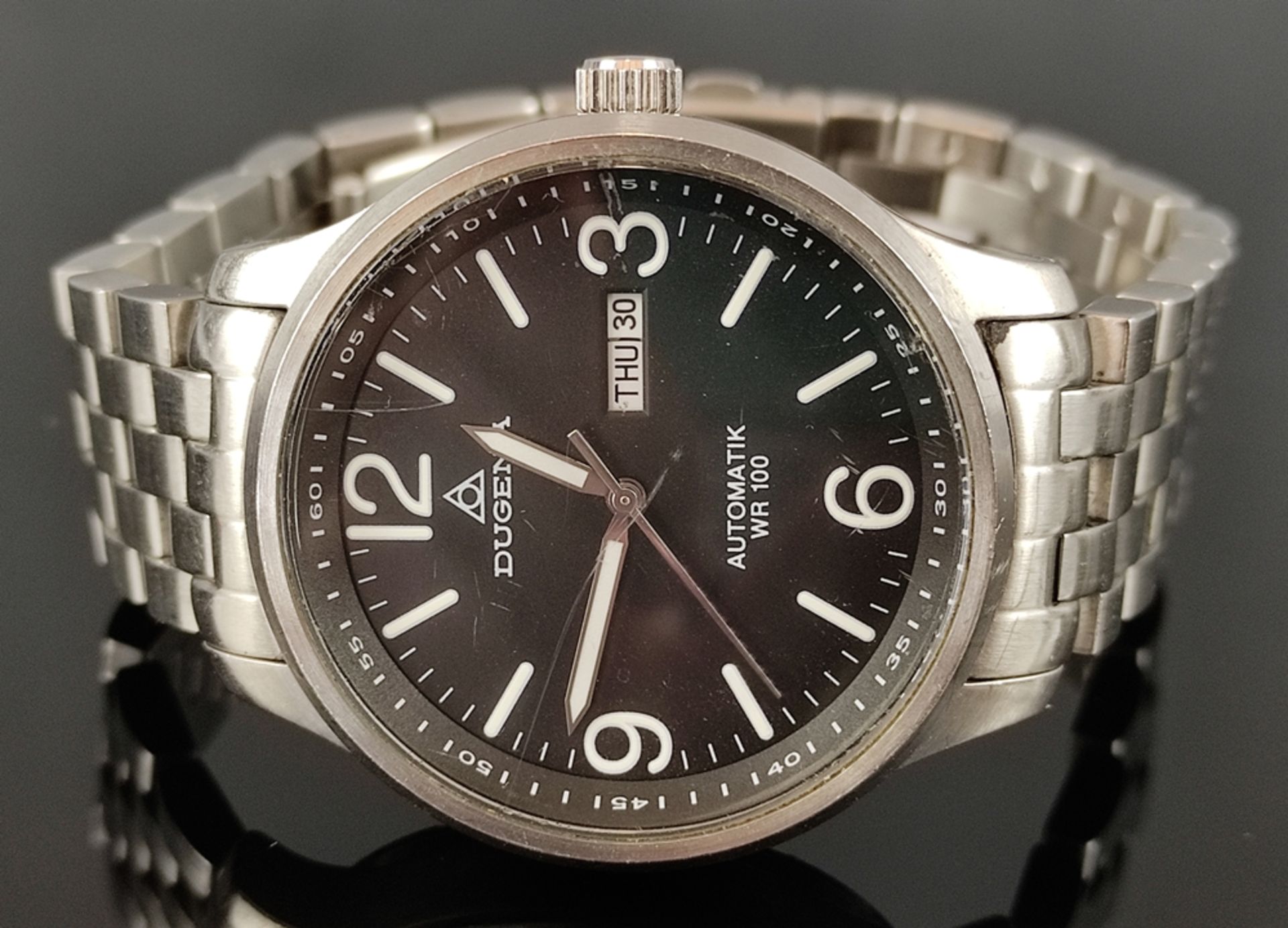 Armbanduhr, Dugena Automatik WR 100, schwarzes Zifferblatt m
