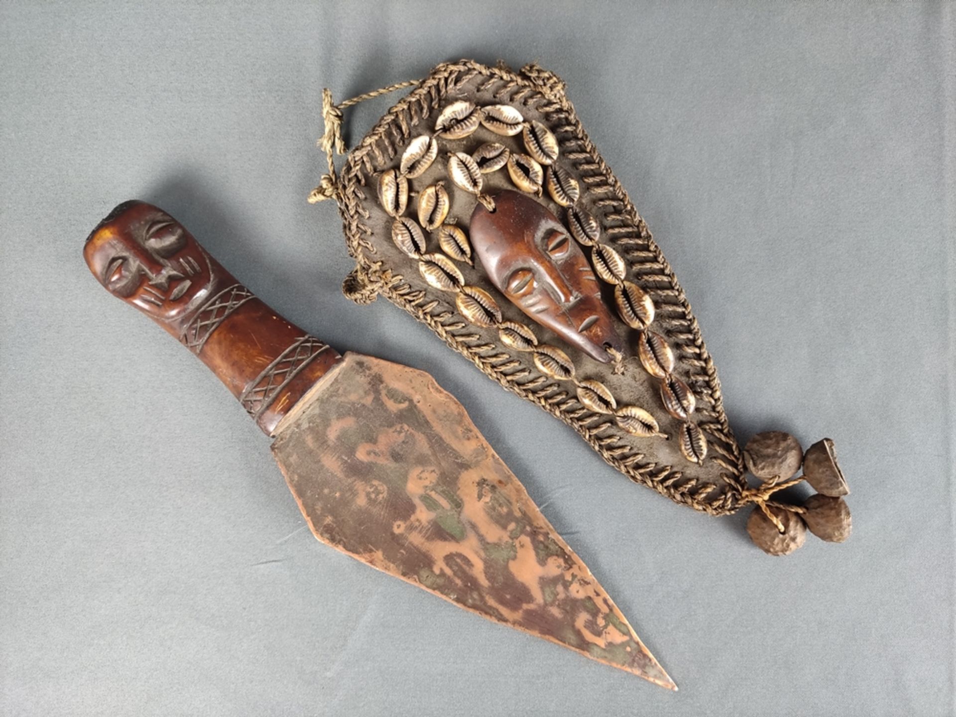 Copper dagger of the Yoruba, with wooden handle carved in the shape of a head, leather scabbard - Image 2 of 3