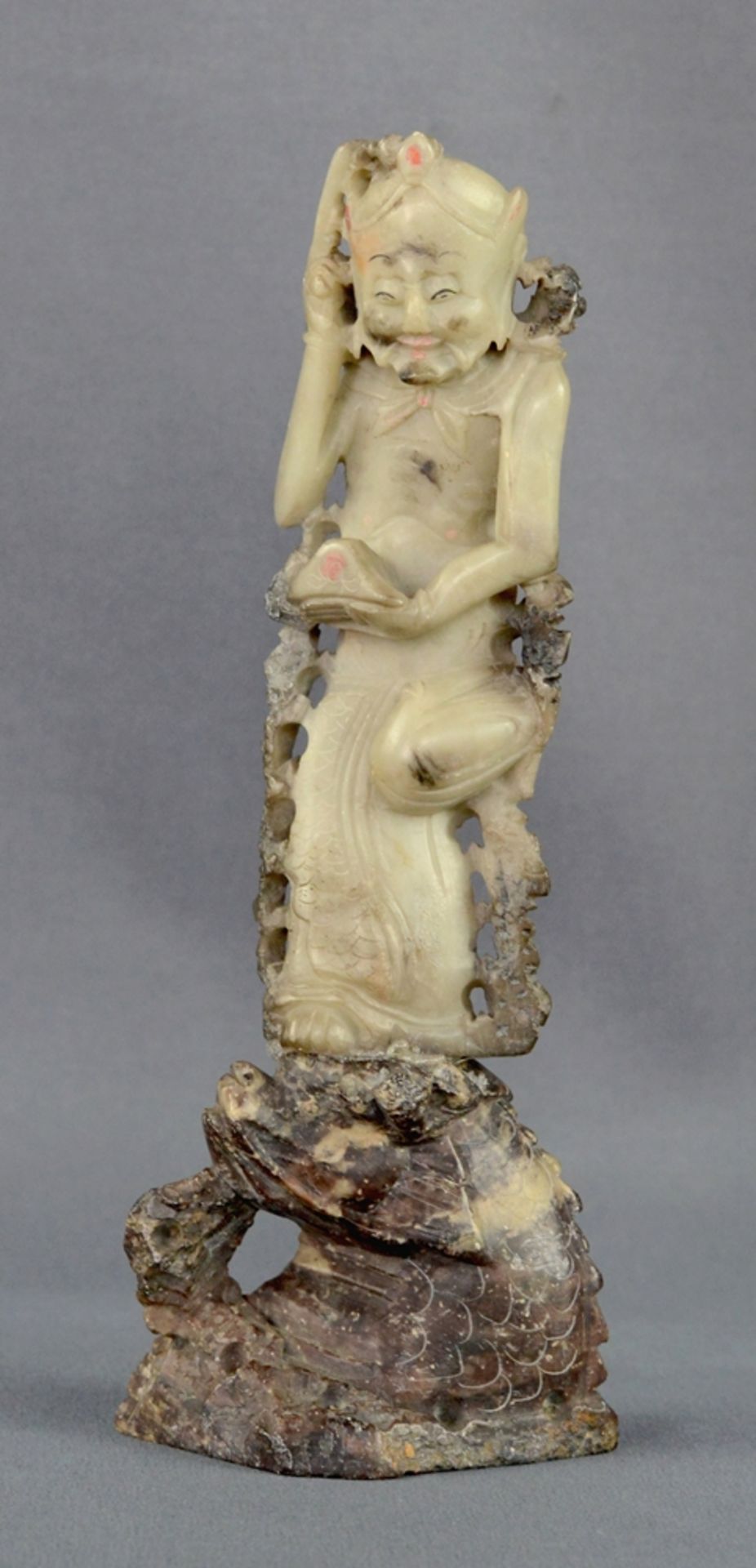 3 soapstone objects, consisting of two figures, each standing on a leg, one restored, height 18. - Image 6 of 7