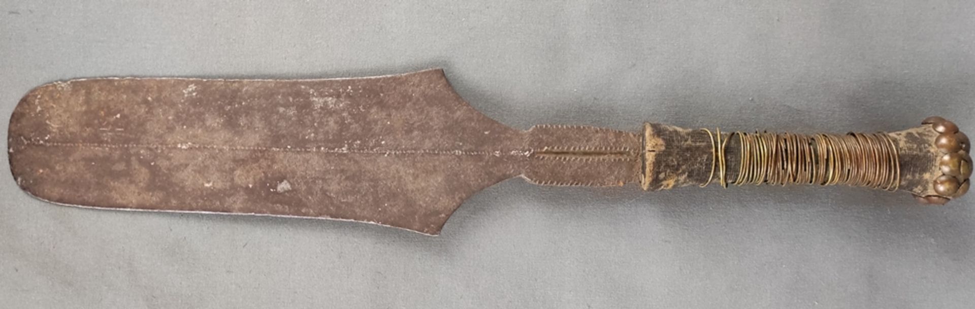 Ngombe dagger, straight, leaf-shaped, double-edged blade, at the grip blade starts oval, tapers,