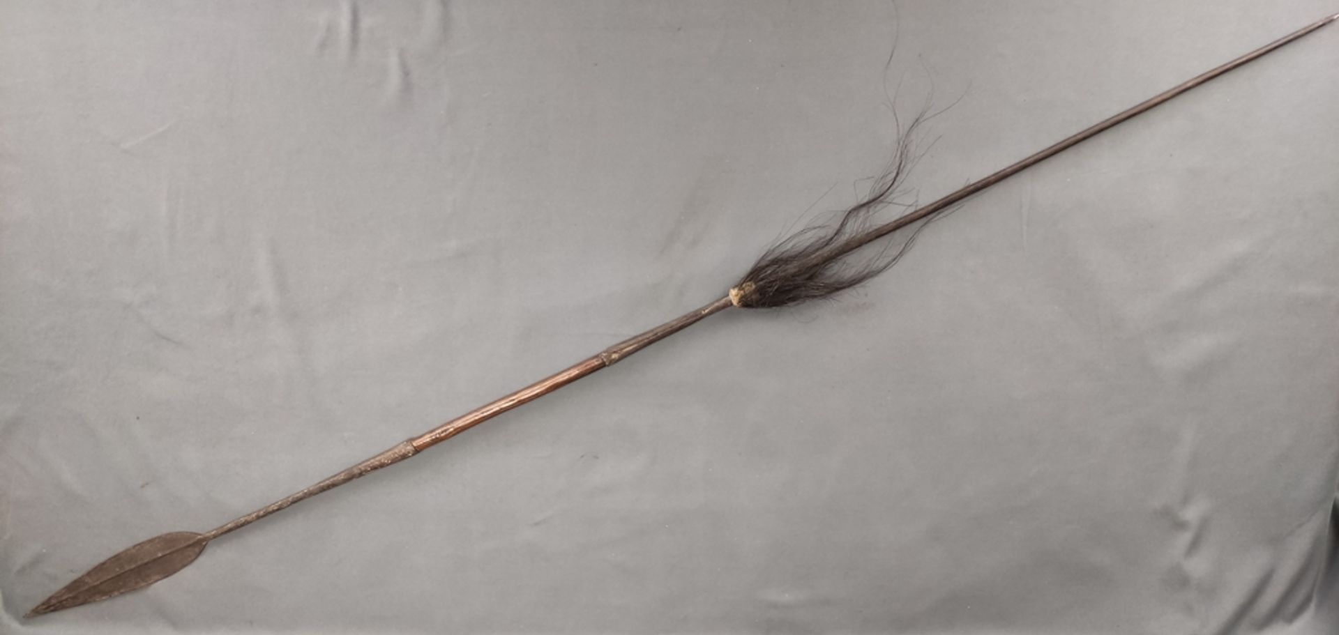 Spear with metal tip, middle part made of wood, lower part made of metal, decoration with hair, - Image 2 of 5
