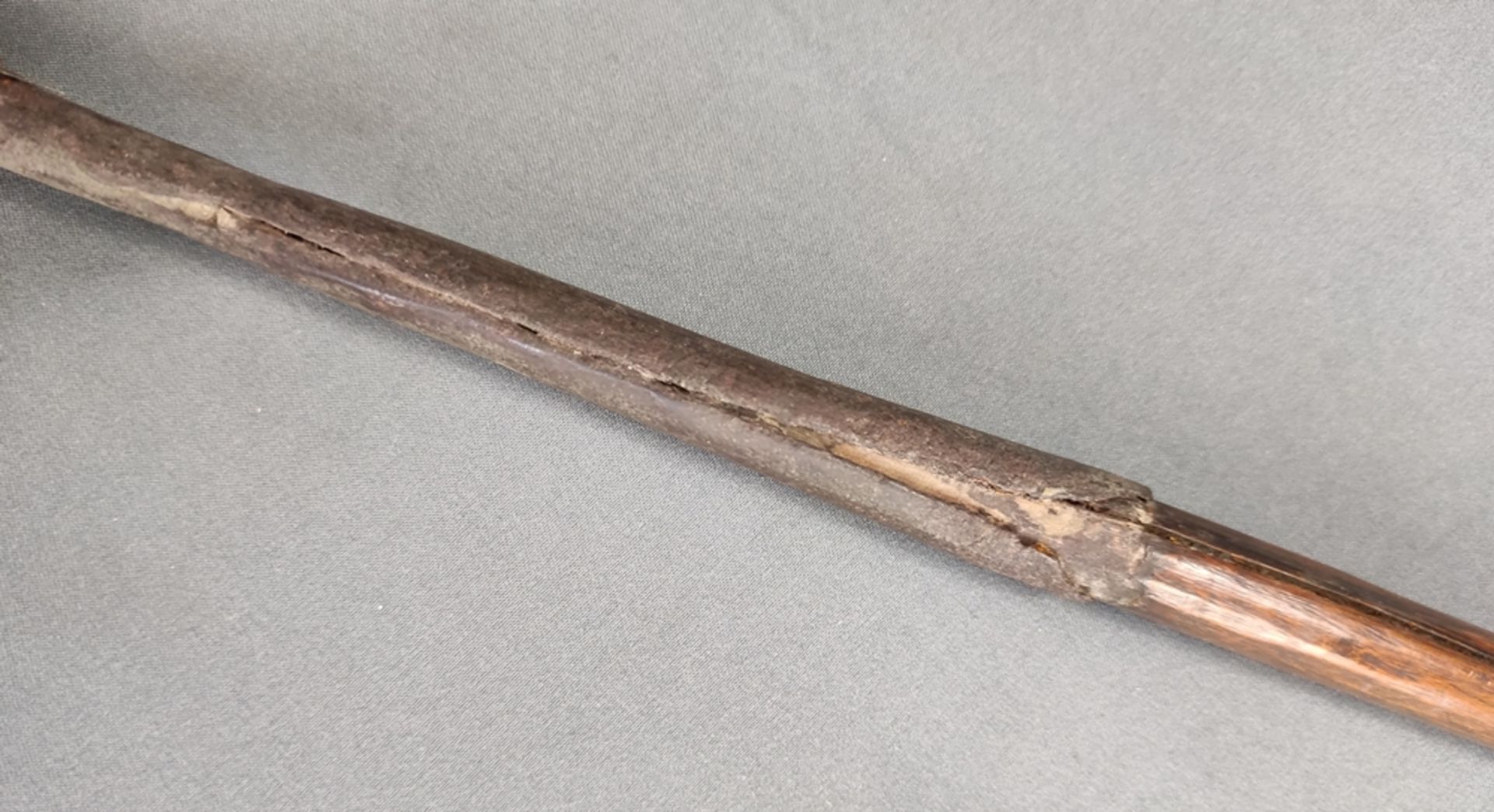 Spear with metal tip, middle part made of wood, lower part made of metal, decoration with hair, - Image 5 of 5