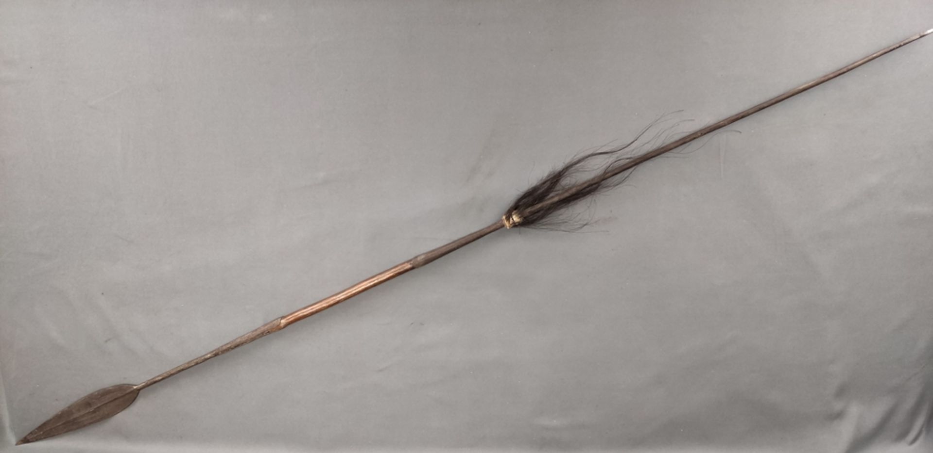 Spear with metal tip, middle part made of wood, lower part made of metal, decoration with hair, - Image 3 of 5