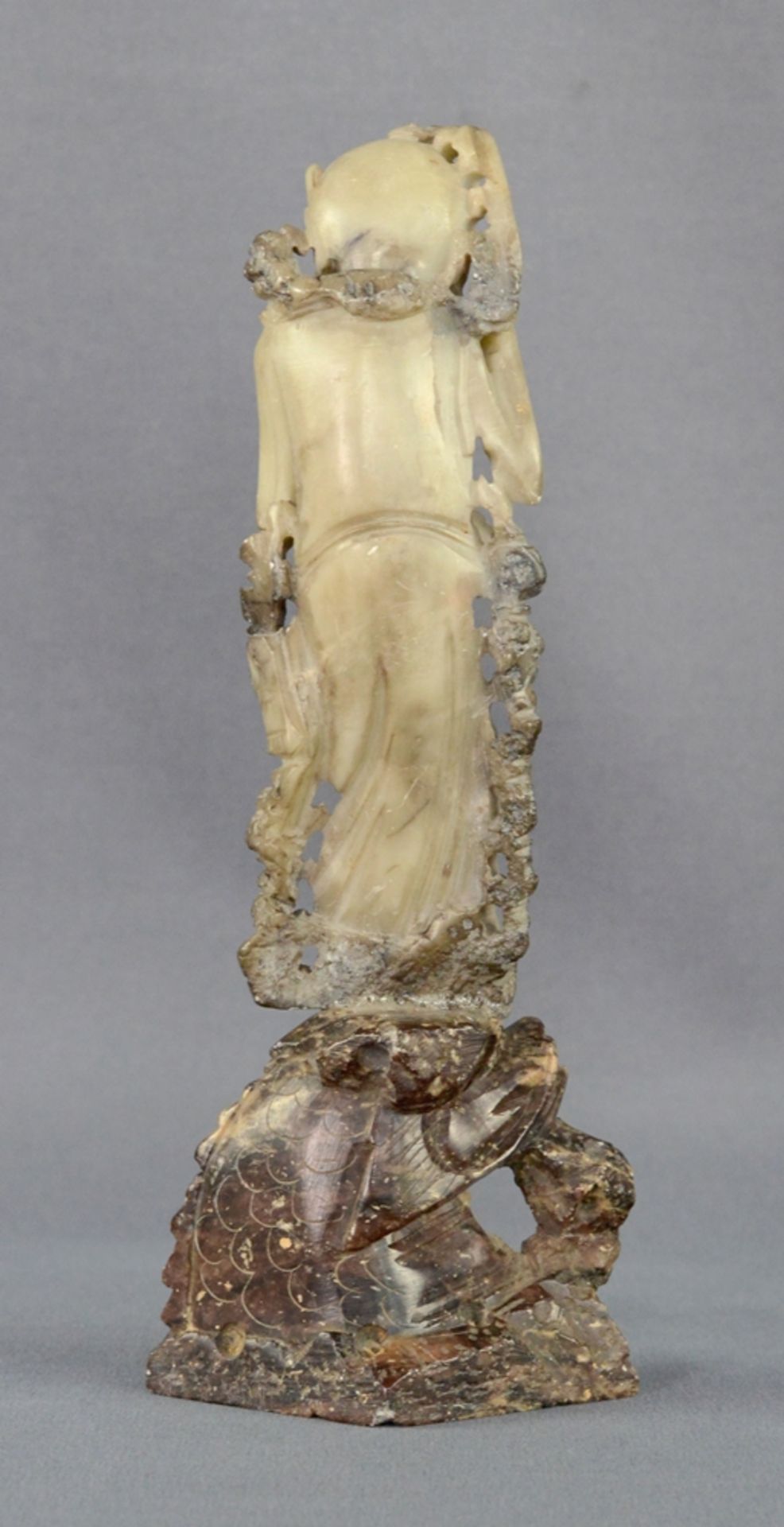 3 soapstone objects, consisting of two figures, each standing on a leg, one restored, height 18. - Image 7 of 7
