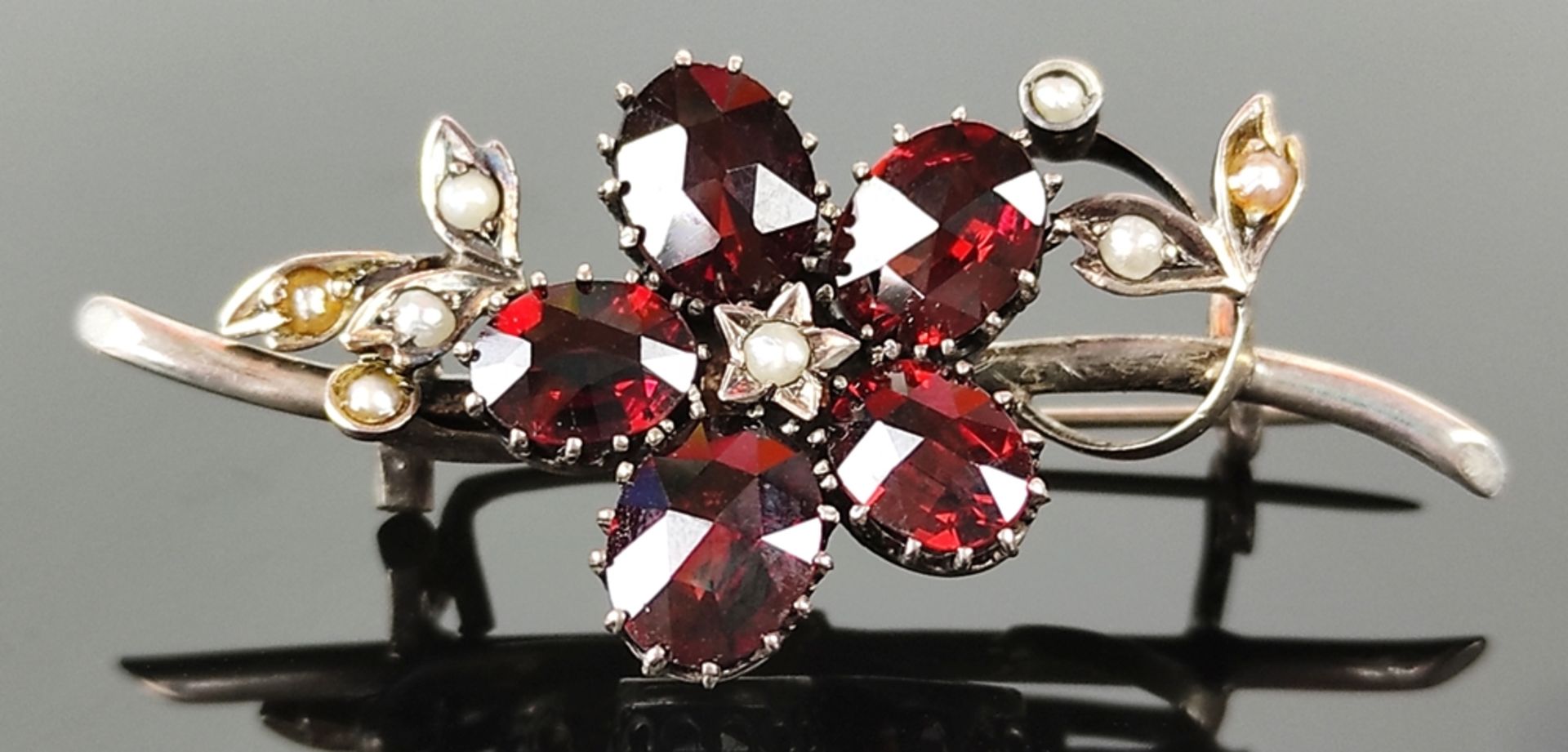 Brooch, silver 800, micro pearls, faceted garnets, silver 800, beginning of 20th century, total