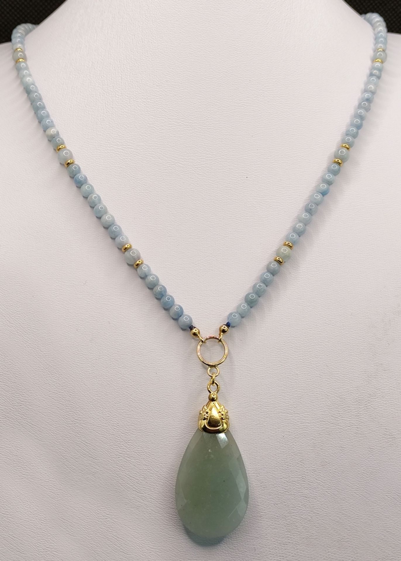 Aquamarine necklace with aquamarine drop pendant, round polished checked aquamarine spheres - Image 2 of 3