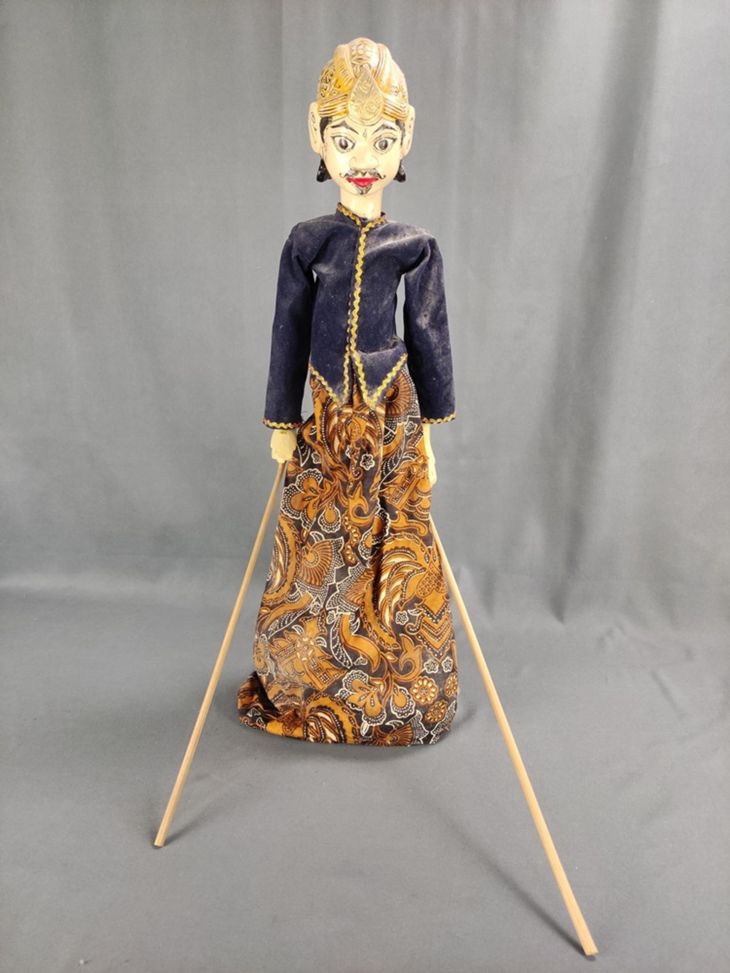Wayang-Golek doll, Indonesian stick doll, head, torso and arms carved, clothes elaborately