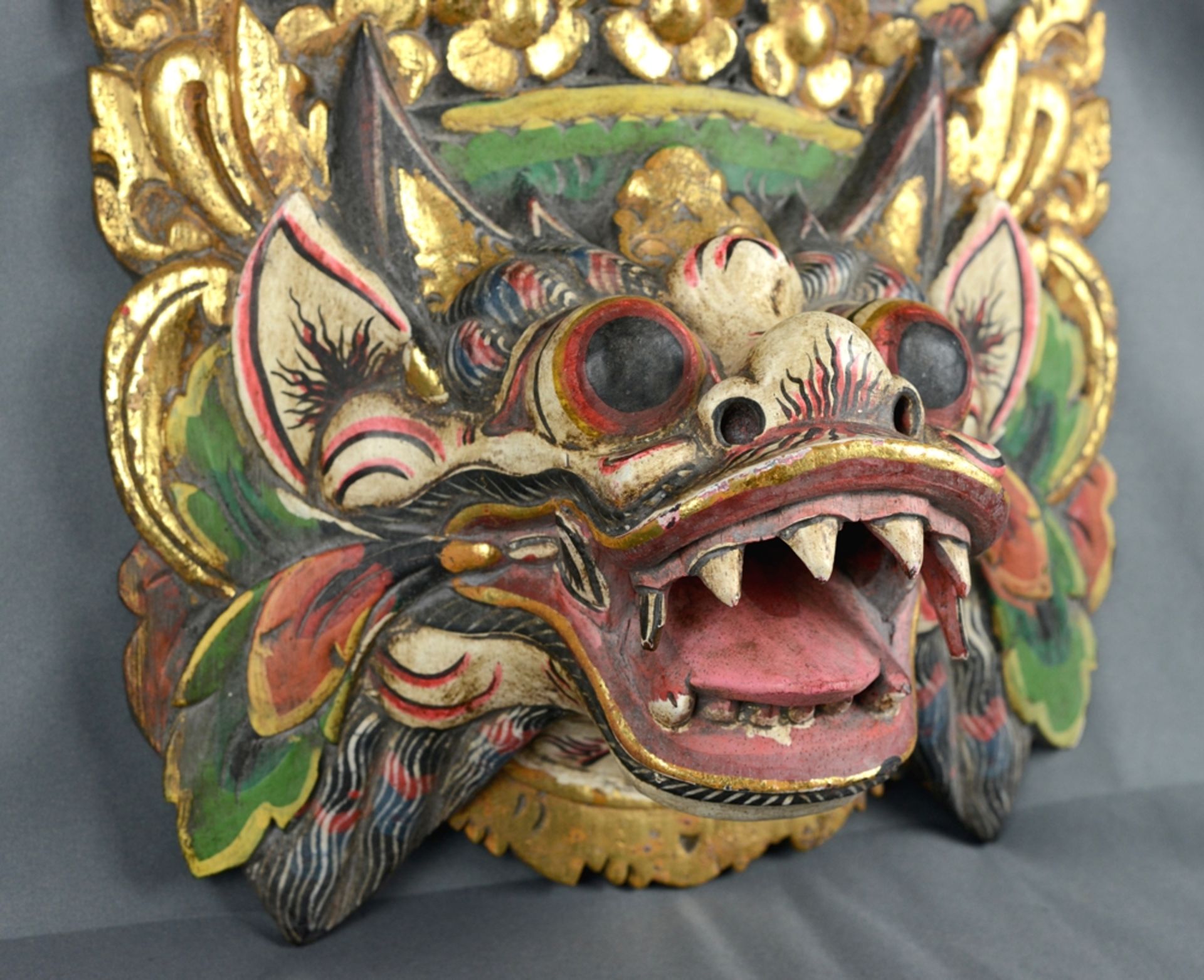 Dragon mask, wood polychrome painted, 20th century, Bali or Sri Lanka, approx. 25x24,5x13cm - Image 2 of 3