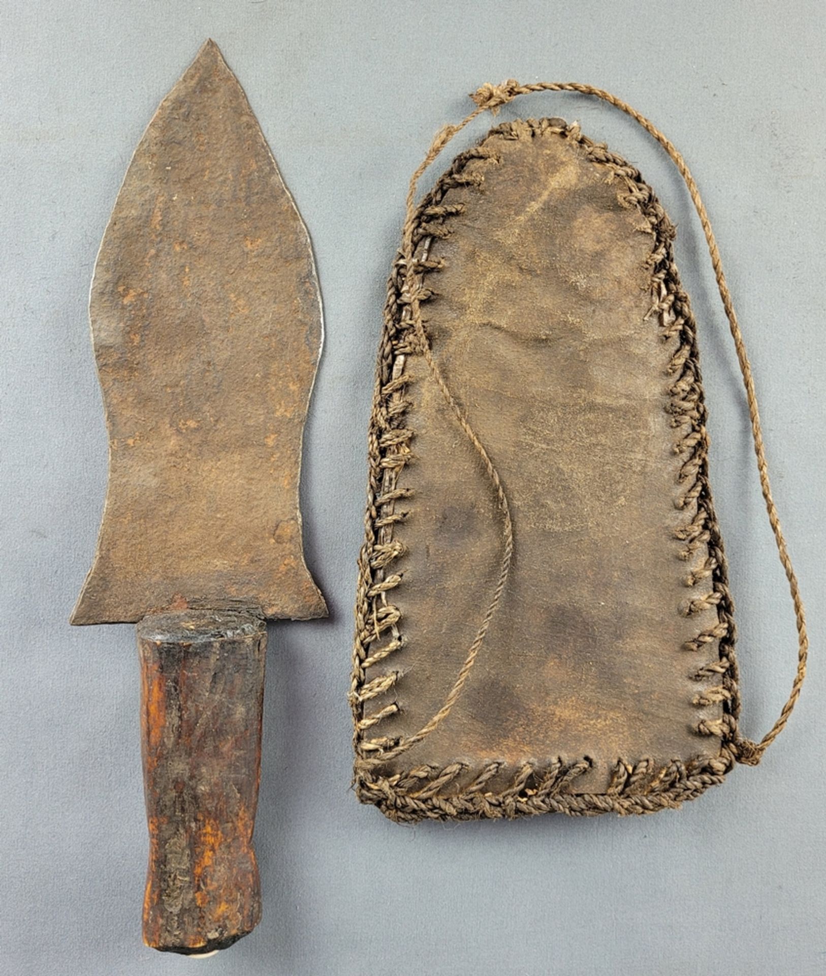 Copper dagger of the Yoruba, with wooden handle carved in the shape of a head, leather sheath - Image 2 of 2