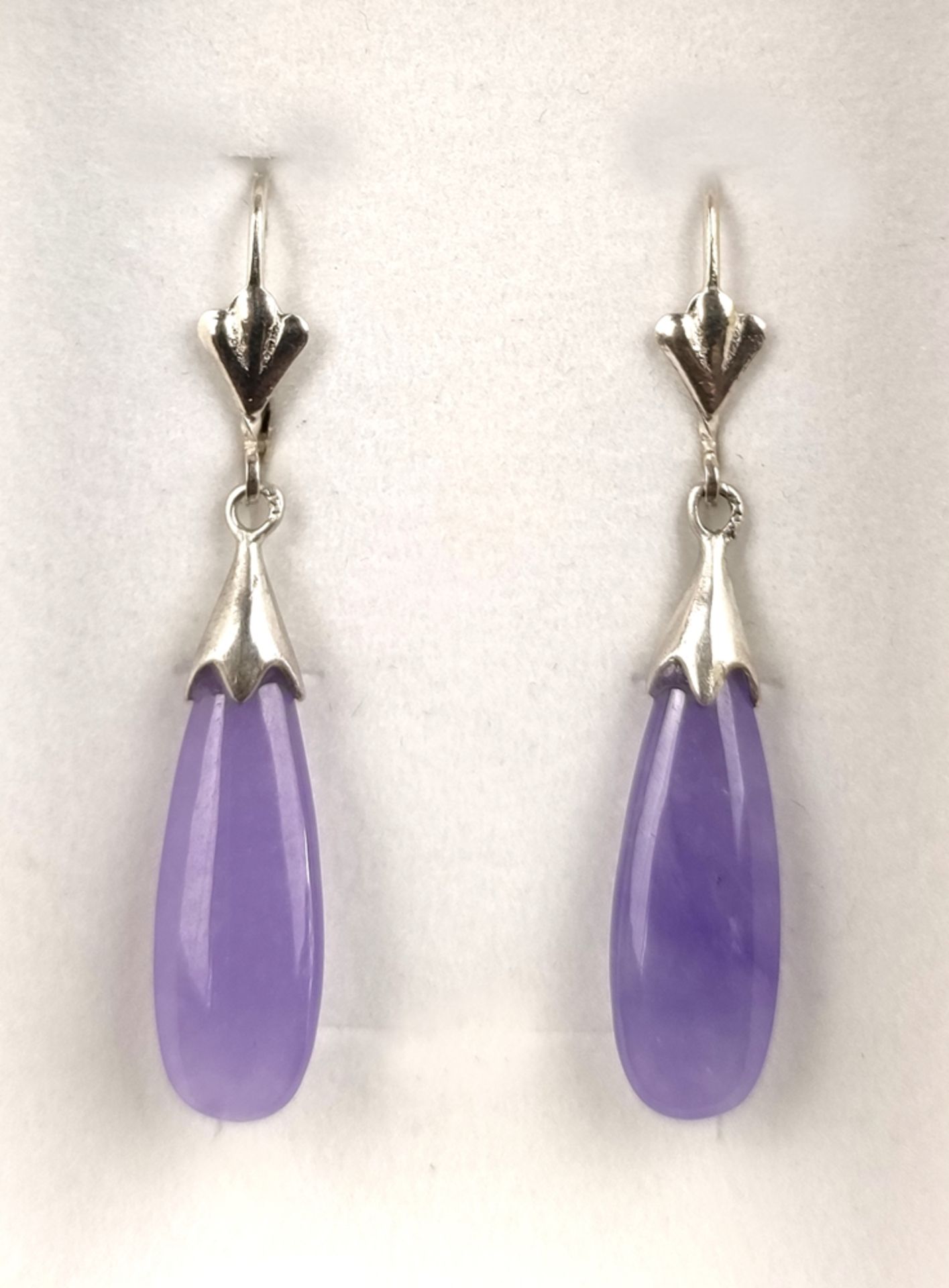 Earrings with lavender jade, hinged earwire with fanned finials and flat finely polished lavender